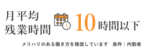 月平均残業時間	10時間以下	メリハリのある働き方を推奨しています	条件：内勤者